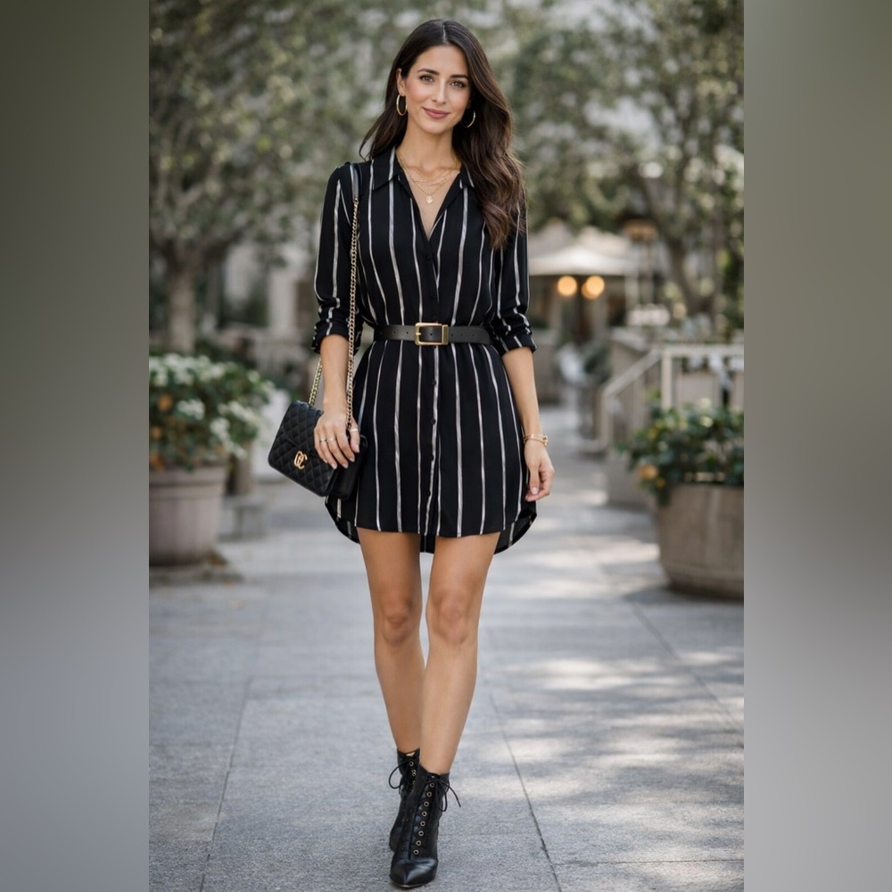 Rails Stephanie Shirt Lightweight Dress Black White Vertical Mocha Stripe Sz S